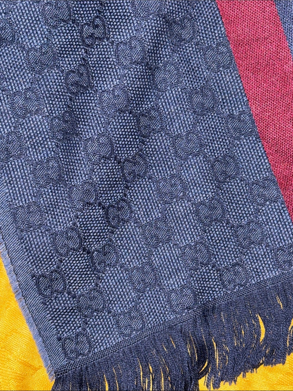 Gucci Wool Silk GG Monogram Web Verbiere Fringe Scarf Navy Blue - Picture 4 of 4